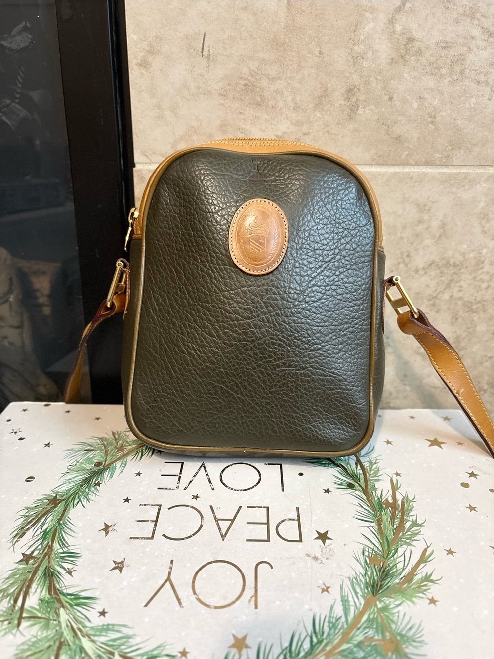 Compact Olive Green Leather Crossbody with Tan Trim